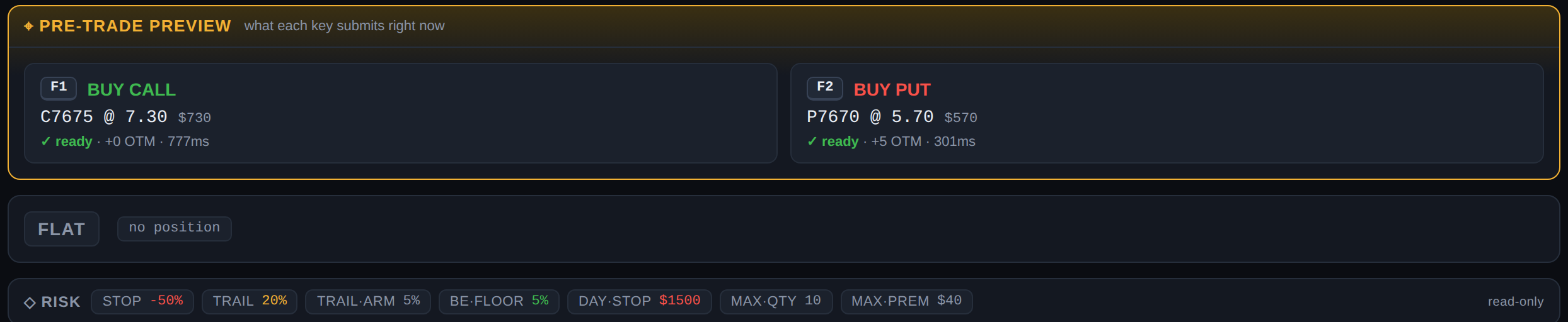 The pre-trade preview showing both keys ready, with the position strip and the read-only risk strip below.